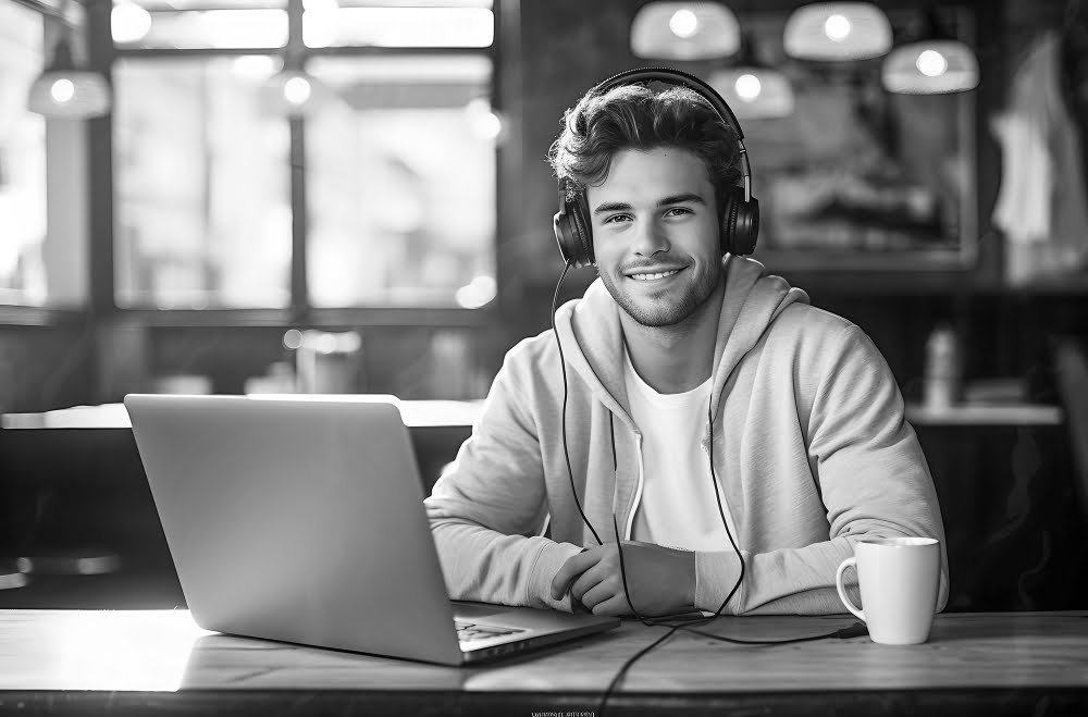 joven sonriendo notebook